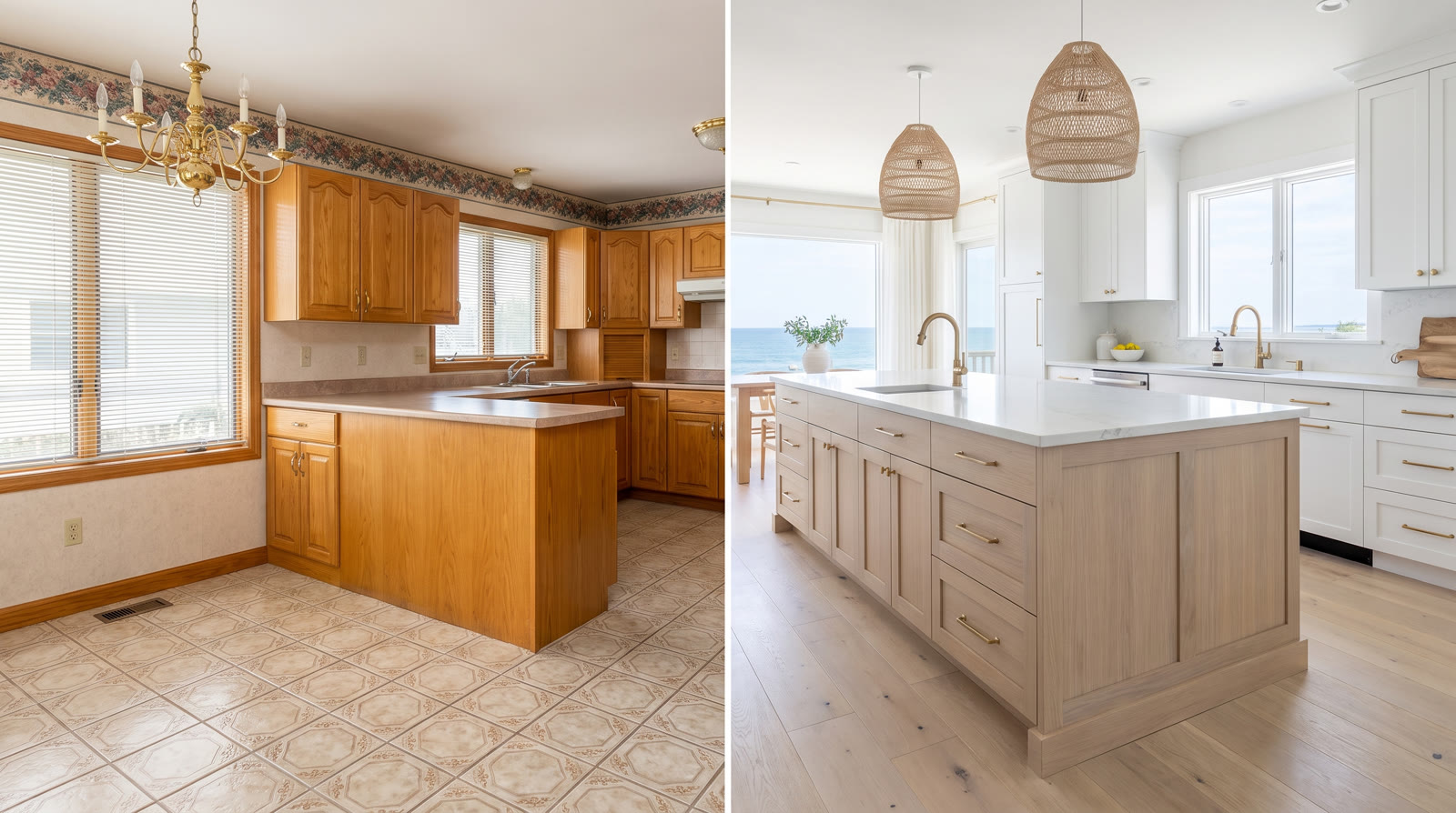 Before and after kitchen remodel in 612 Sea Oats Dr, Destin, FL 32541 showing a dated oak kitchen transformed into a modern white coastal kitchen